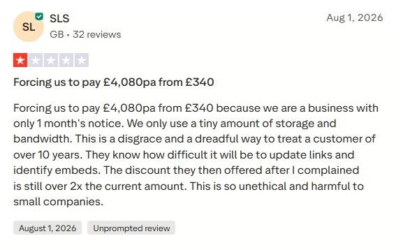 One-star review titled Forcing us to pay £4,080pa from £340