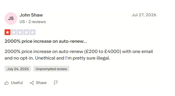 One-star review titled 2000% price increase on auto-renew