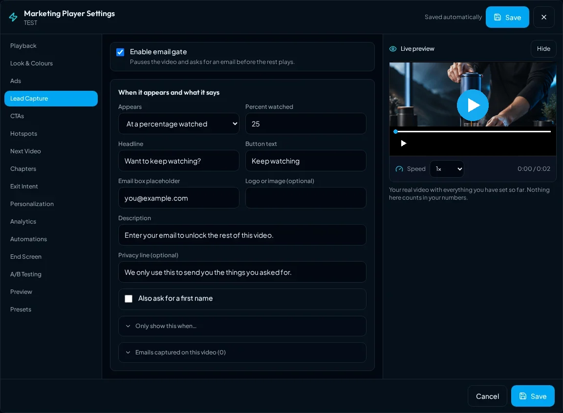 Blue Flame lead capture settings with the email gate at 25 percent watched