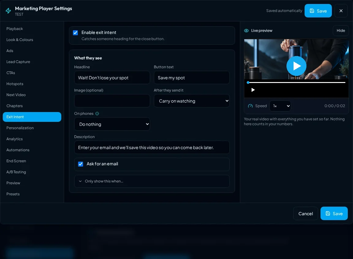 Blue Flame Marketing Player Settings with a live preview