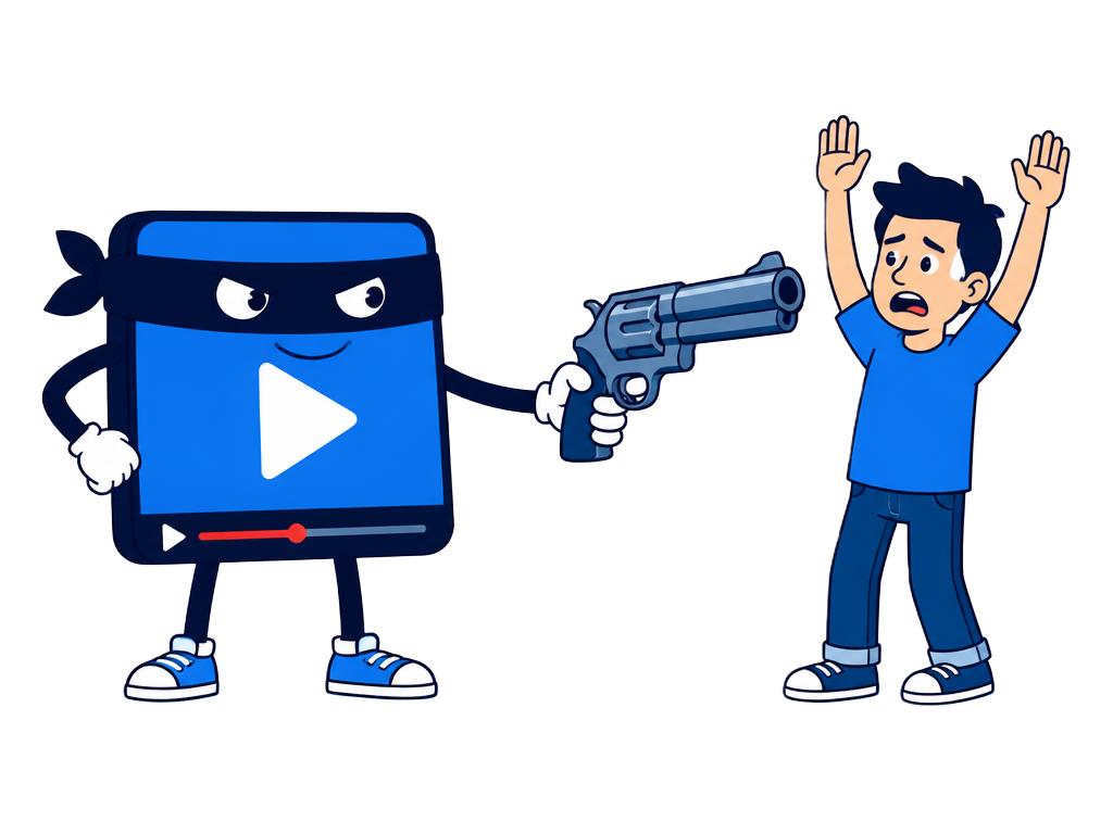 A cartoon video player wearing a bandit mask holding up a worried marketer, who has both hands in the air