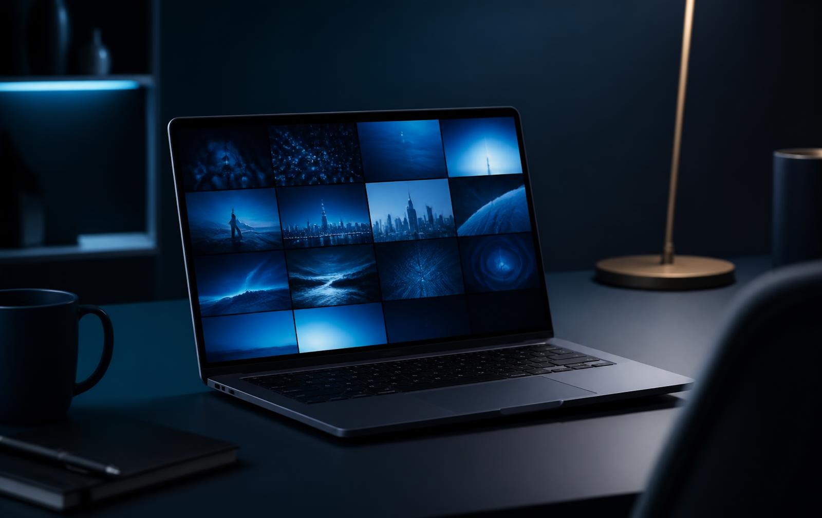 A video library of blue-toned thumbnails open on a laptop