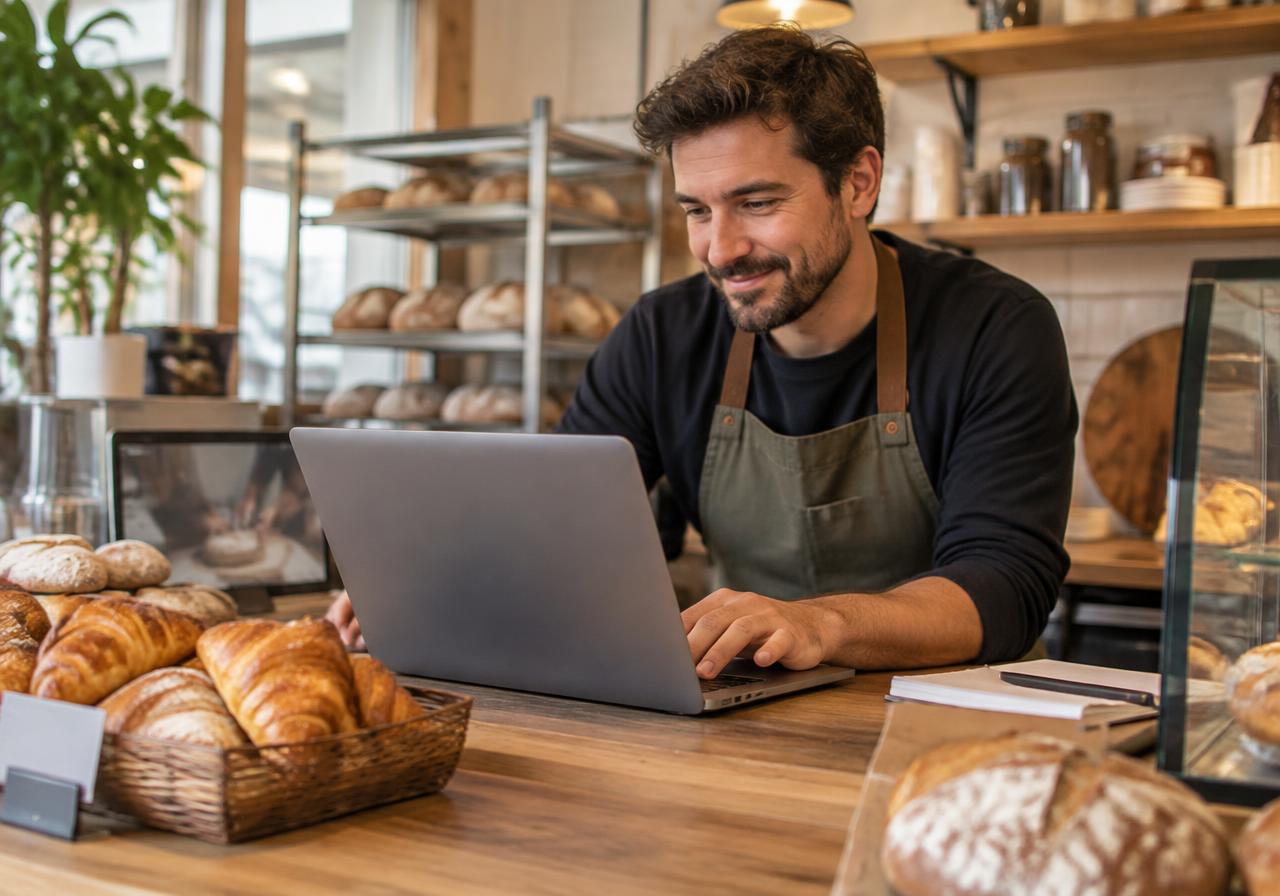 Bakery owner updating his shop website on a laptop