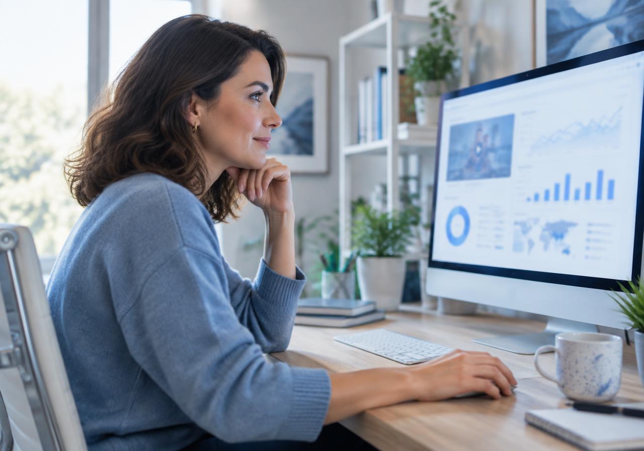 Marketer reviewing a video campaign at her desk