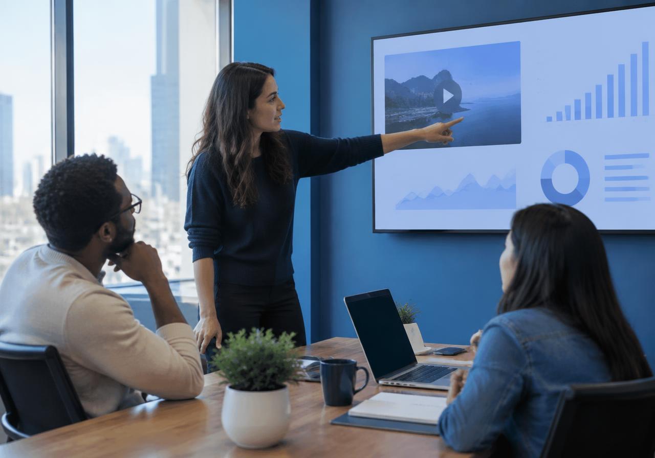 Small team reviewing video performance on a wall screen