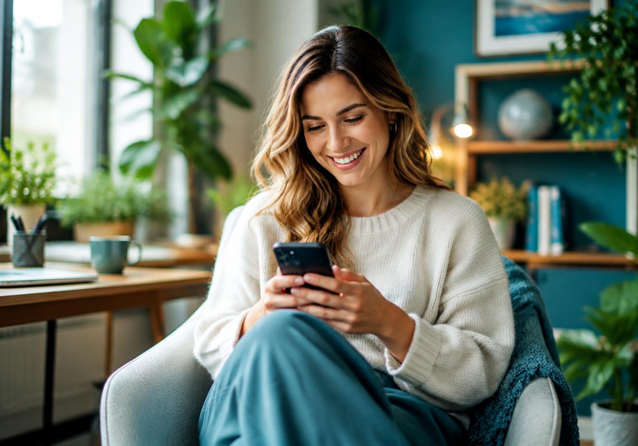 Illustrative photo: a coach smiling at a new booking on her phone