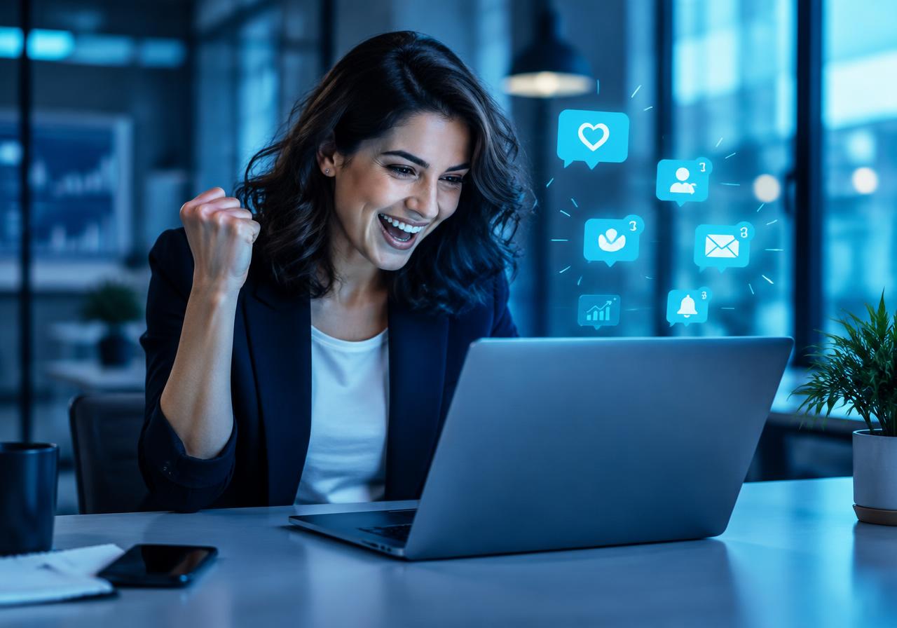 Illustrative photo: a marketer celebrating as notifications arrive