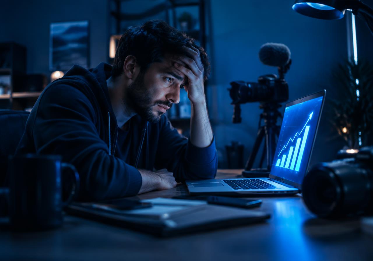 Illustrative photo: a video creator stressed by a rising cost chart on his laptop