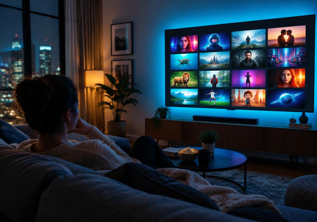 Illustrative photo: someone on a sofa browsing a colourful video hub on a big television