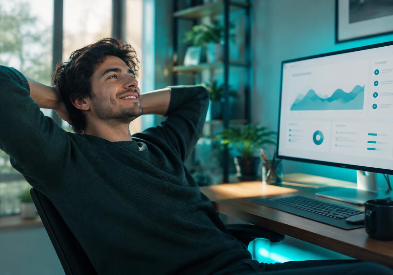 Illustrative photo: a relaxed creator checking a clear usage dashboard