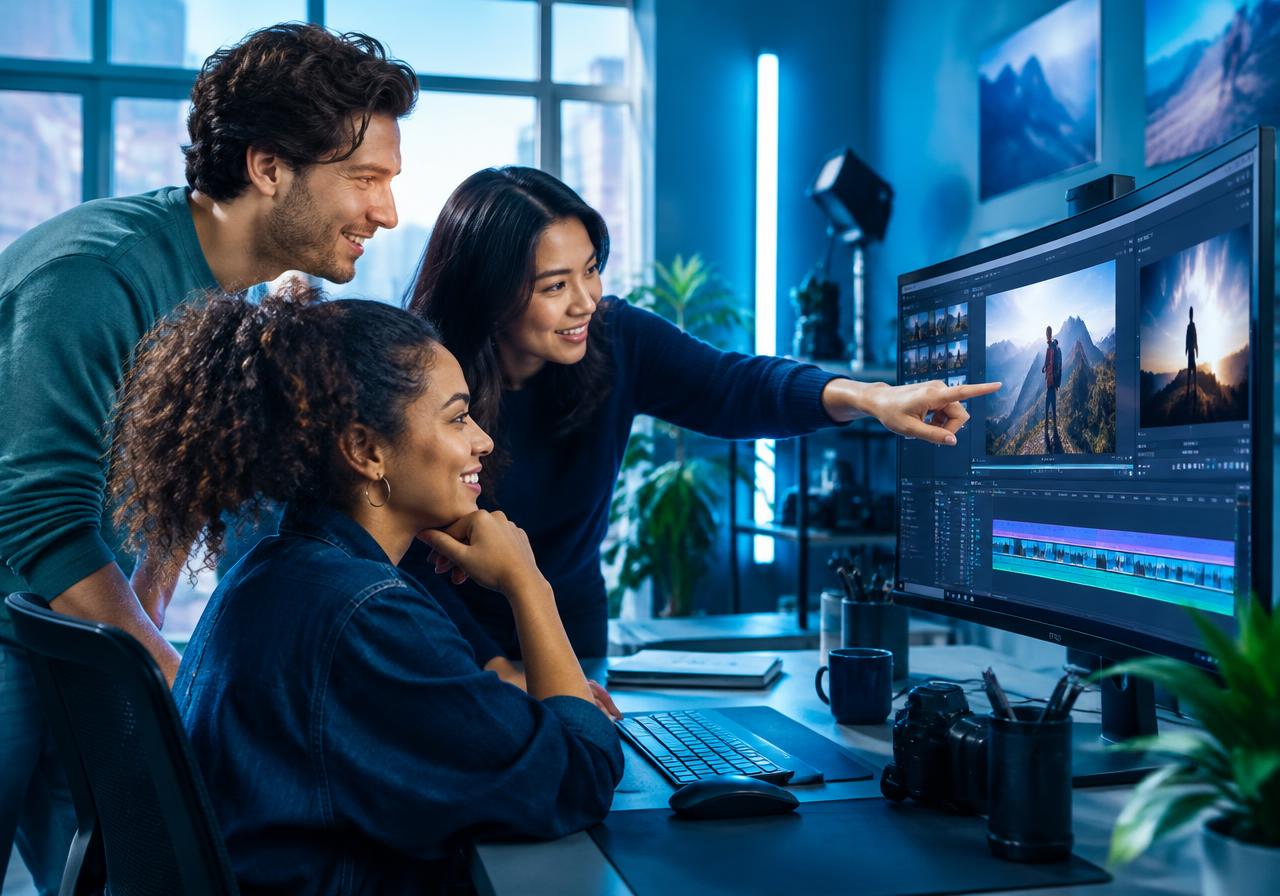 Illustrative photo: a small team reviewing video performance together