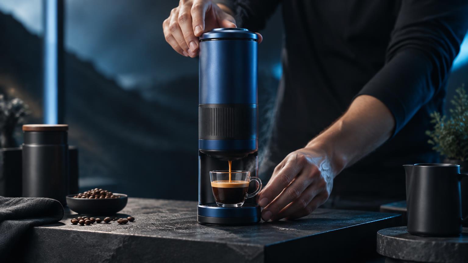 Fictional product video of a blue espresso maker