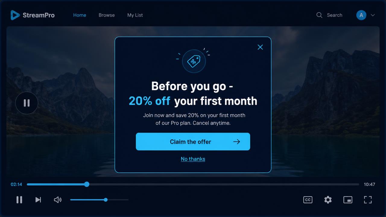 An exit-intent offer panel appearing over a paused video