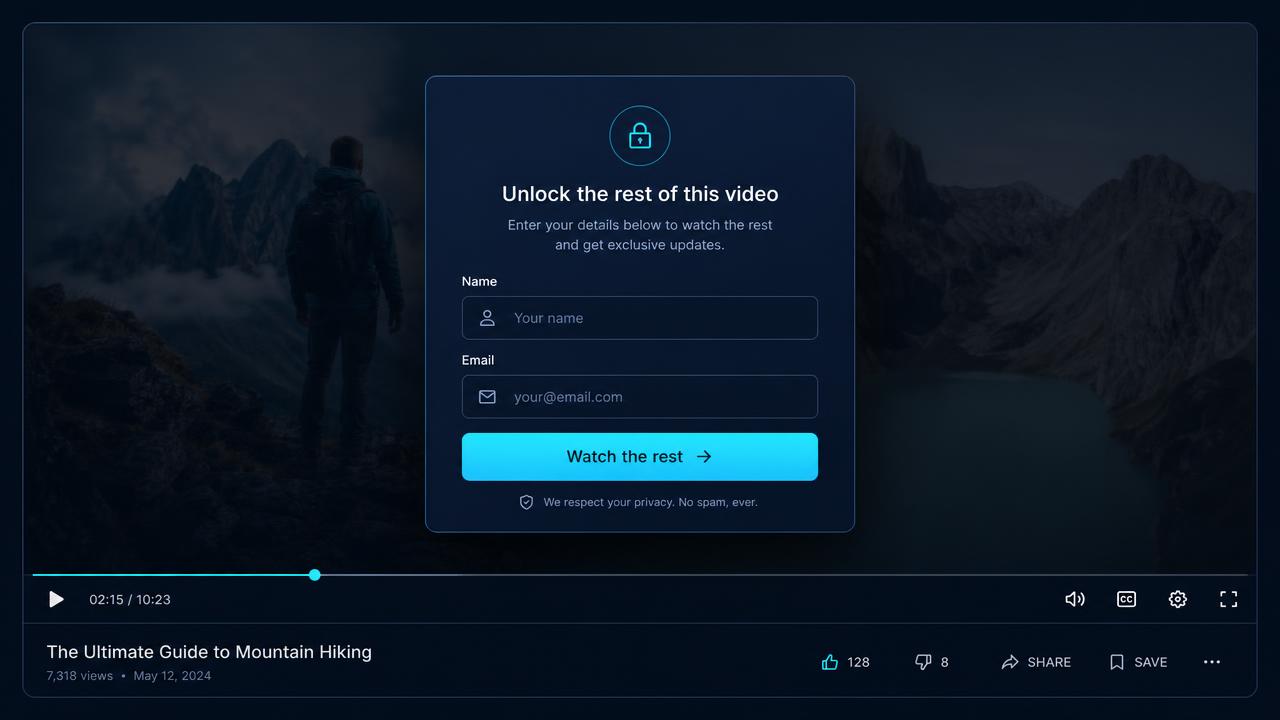 A name and email opt-in form covering the player halfway through a video