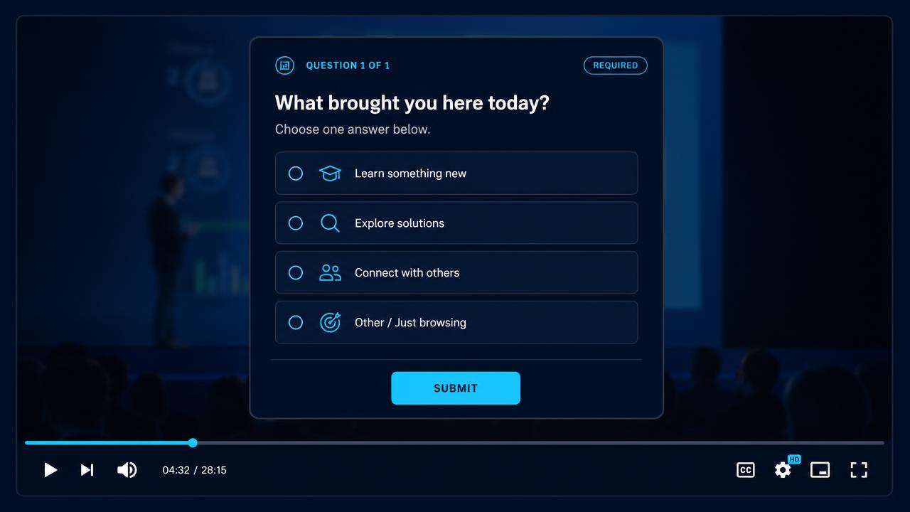 A multiple-choice survey card inside the player asking what brought the viewer here