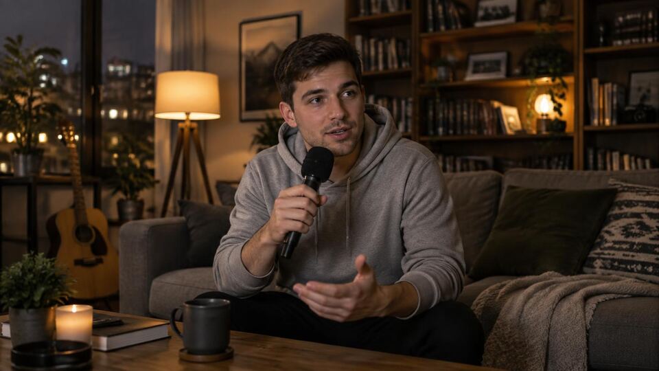 Version A: opens with a story. Evening living room, hoodie, relaxed wide shot.
