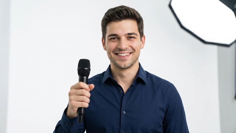 Version B: opens with the verdict. Bright studio, shirt, close-up to camera.
